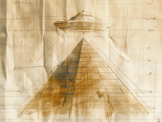Vintage Blueprint of UFO with Tractor Beam on Aged Paper