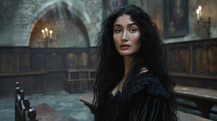 Portrait of a beautiful young woman, witch with long black hair and dark eyes