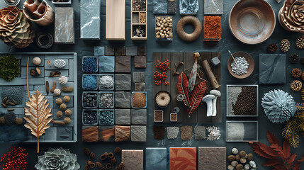 Flat lay of creative architect moodboard composition with samples of building, textile and natural materials and personal accessories, Top view, black backgroung, template