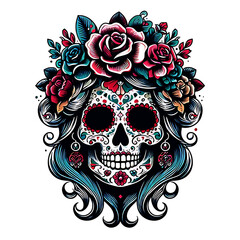 Fototapeta premium illustration design logo a skull and flower style tattoo
