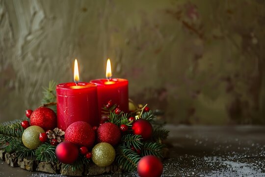 Advent wreath with 2 burning candles. Low-key studio shot of a nice advent wreath with baubles and two burning red candles .