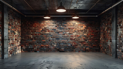 High resolution brick concrete room with ceiling lamp