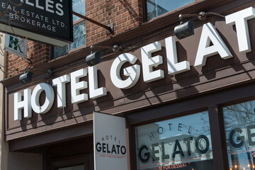 Fototapeta premium signage outside Hotel Gelato, a cafe, located at 532 Eglinton Avenue West in Toronto, Canada