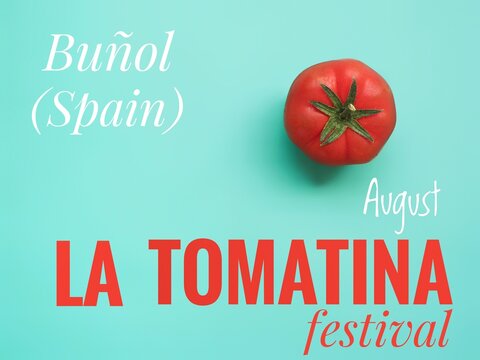La Tomatina blue poster with a tomato and text. Spanish festival celebrated in august in Bu&ntilde;ol (Spain)