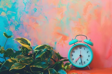retro alarm clock and vibrant plant on colorful abstract background creative still life digital illustration