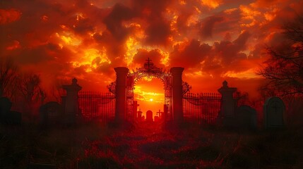 Eerie Sunset at the Gates of the Graveyard. Concept Sunset Photography, Graveyard Setting, Moody Atmosphere, Spooky Silhouettes, - obrazy, fototapety, plakaty