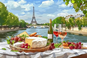 romantic picnic by the seine river in paris cheese platter and wine vector illustration - obrazy, fototapety, plakaty
