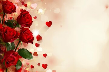 romantic valentines day background with red roses hearts and copy space for text illustration - obrazy, fototapety, plakaty