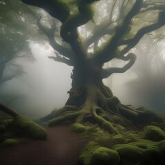 A dense, misty forest with ancient, gnarled trees2 - obrazy, fototapety, plakaty