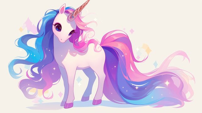 A delightful cartoon unicorn showcasing a vibrant mane and tail set against a white background This charming image is a 2d illustration