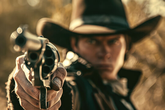 Cowboy prepares on gun fight, duel face to face in the wild west between two cowboys, Generative AI