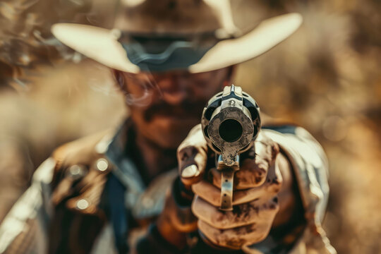 Cowboy prepares on gun fight, duel face to face in the wild west between two cowboys, Generative AI