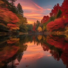 A serene lake surrounded by autumn foliage in shades of red, orange, and yellow2