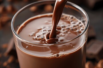 Chocolate milk close-up. A close up of a delicious chocolate milk is being poured into a glass waiting to be drank. . - obrazy, fototapety, plakaty