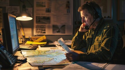 A surveyor sits at their desk in a dimly lit office poring over maps and data while talking on the...