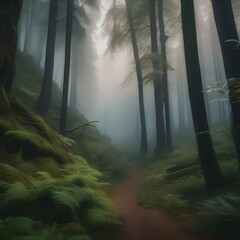 A dense, mist-shrouded forest with a mysterious and enchanting atmosphere5 - obrazy, fototapety, plakaty
