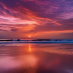 Fototapeta na wymiar A dramatic sunset over a calm ocean, with the sky painted in shades of orange, pink, and purple1