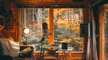 traveler recording podcast episodes on a microphone in a cozy cabin, sharing stories from the road