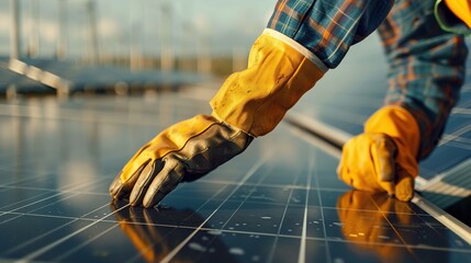 Engineer's hands securing solar panel. Advanced tools for clean energy.. - obrazy, fototapety, plakaty