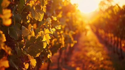 tranquil scene of a vineyard bathed in golden sunlight, with rows of lush grapevines promising a...