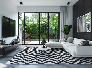 Modern living room with chevron pattern rug