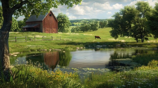 tranquil pond nestled amidst verdant pastures, where livestock gather to drink and reflect the serene beauty of farm life.