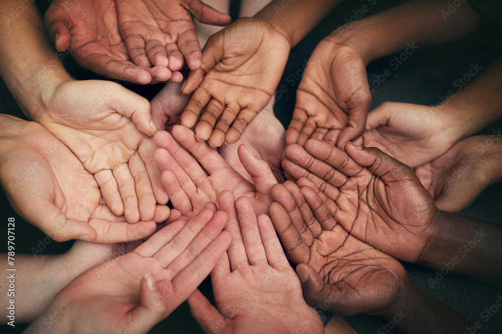 Poster Hands, people and beg with gesture for symbol with trust or motivation with unity in community for gratitude. Poverty, group and hardship with sign, diversity and poor with strength in together
