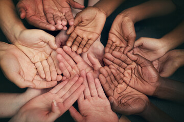 Hands, people and beg with gesture for symbol with trust or motivation with unity in community for...