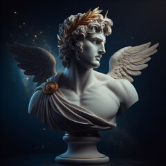 God Apollo bust sculpture. Ancient Greek god of Sun and Poetry Plaster copy of a marble statue isolated on black. - obrazy, fototapety, plakaty