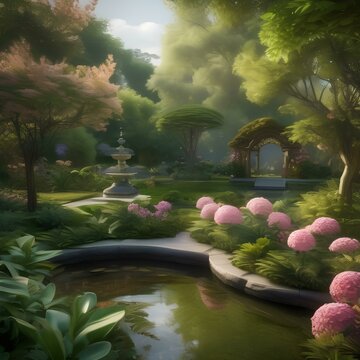 A tranquil garden with blooming flowers, lush greenery, and a peaceful pond5