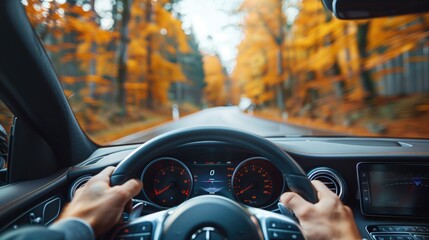 Driver's hands on the steering wheel of a car
