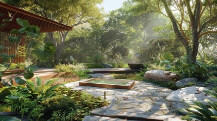 serene meditation garden adorned with lush greenery and fragrant herbs, offering a tranquil retreat...