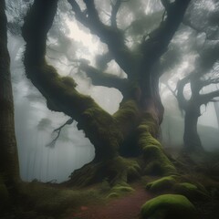A dense, misty forest with ancient, gnarled trees4 - obrazy, fototapety, plakaty