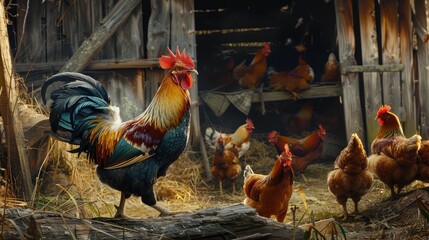 rustic barnyard scene with a rooster proudly crowing amidst a flock of hens, evoking the timeless charm of traditional poultry farming. - obrazy, fototapety, plakaty