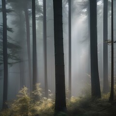 A dense, foggy forest with trees shrouded in mist2