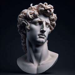 God Apollo bust sculpture. Ancient Greek god of Sun and Poetry Plaster copy of a marble statue isolated on black. - obrazy, fototapety, plakaty