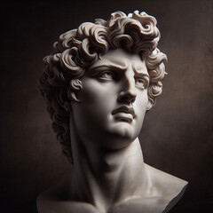 Portrait of a plaster statue of Apollo isolated on black. Gypsum statue of Apollo's bust. Greek god statue. Male statue of a Roman deity, muscular Apollo in Olympus.