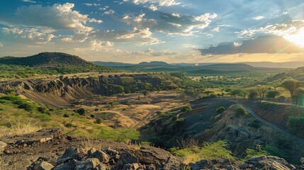 panoramic vista of a reclaimed mining landscape, now transformed into a thriving ecosystem of greenery and wildlife, illustrating environmental stewardship.