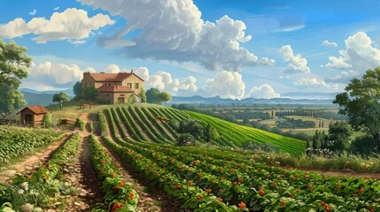 panoramic view of a lush farm landscape, where crops stretch to the horizon and a rustic farmhouse...
