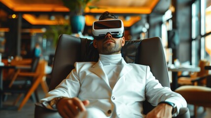 Man in suit seated, wearing virtual reality headset for fun event in room