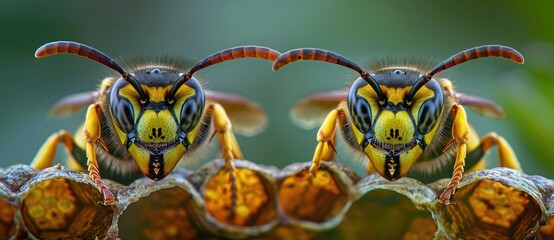 close up of two wasps on hive - Powered by Adobe