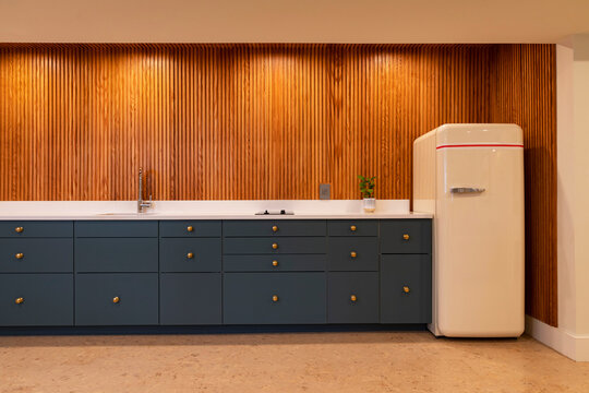 Wide angle Vertical Wood Paneling in Modern Home  Kitchen 