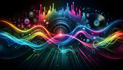 Neon Beat: A Vibrant DJ Set with Pulsating Soundwaves in a Colorful Background