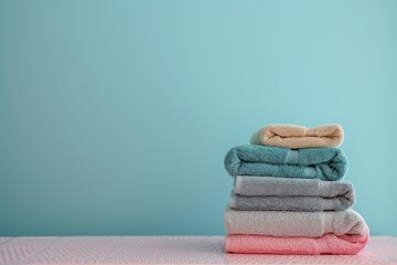 A stack of towels in electric blue, magenta, and peach colors on a wooden table