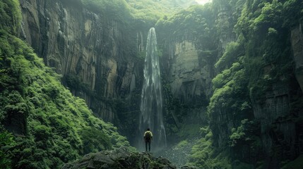 hiker marveling at a majestic waterfall cascading down rugged cliffs in a lush forest setting