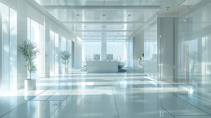 Interior of stylish CEO office with white and glass walls, tiled floor, comfortable desk and open space area with compact computer tables in background. 3d rendering, realistic interior design