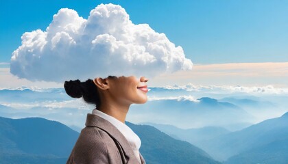 A young woman with her head in the clouds. Daydreamer, dreamer concept illustration. 