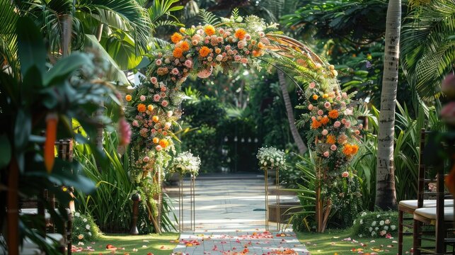 floral archway set up for a wedding ceremony in the lush garden of a hotel resort