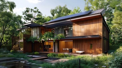 eco-friendly home with solar panels and rainwater harvesting systems, showcasing green architecture