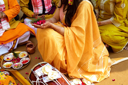 Details of the Haldi celebration during a traditional Indian wedding.